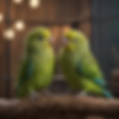 Parakeets interacting in their cage