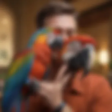 A majestic macaw interacting with a smiling owner, depicting social bond and engagement