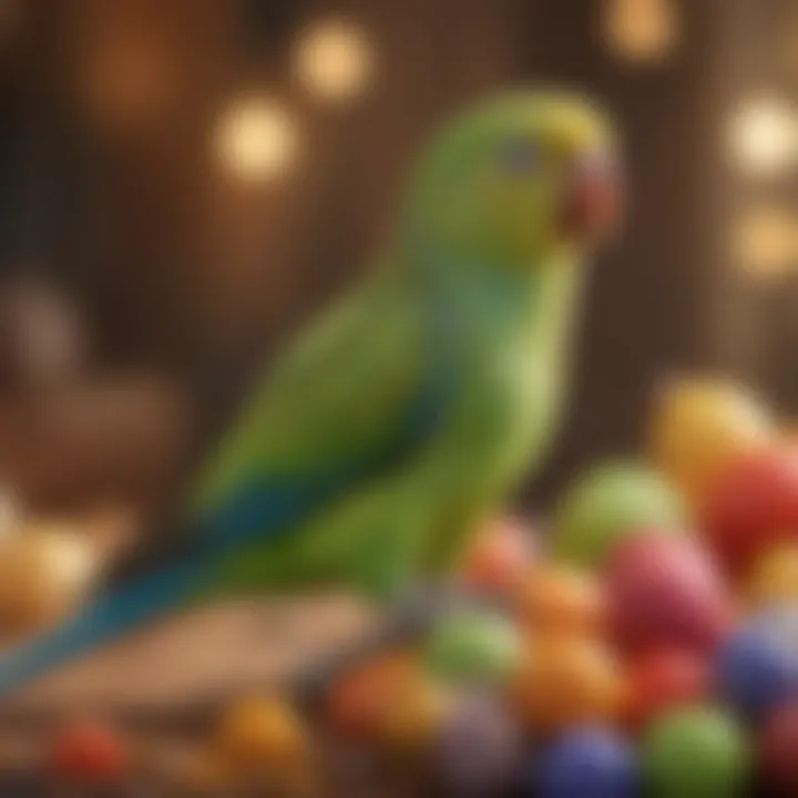 A vibrant parakeet perched on a colorful toy, showcasing its playful nature