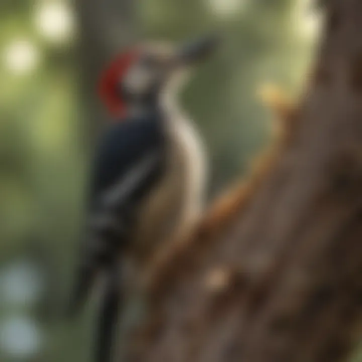 Woodpecker perched on a tree while pecking at suet