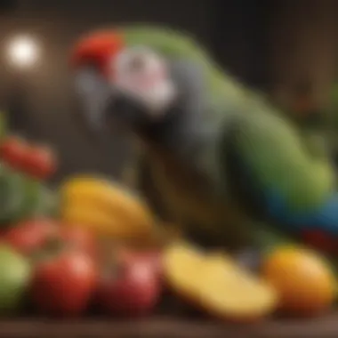 Close-up of a parrot enjoying fresh fruits and vegetables