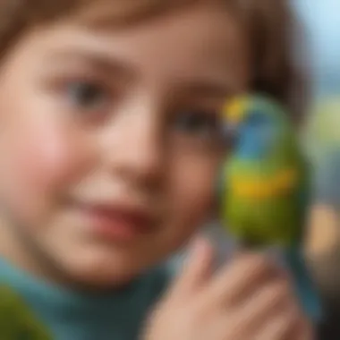 Child and Bird Bonding A colorful parakeet perched on a child's finger, showcasing the bond between child and pet bird.