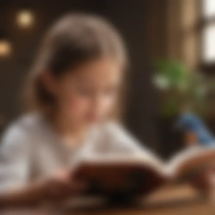 A child reading a book about bird care, illustrating the educational benefits of pet ownership.