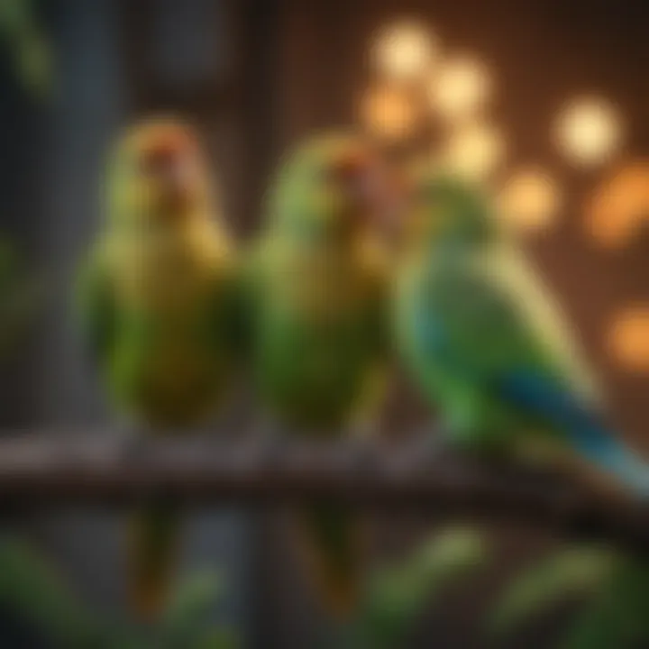 Colorful parakeets perched on a branch