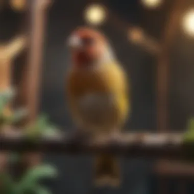 A finch in a vibrant aviary environment