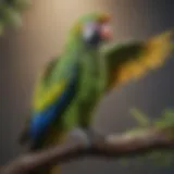 A close-up view of a parrot with clipped wings perched on a branch.