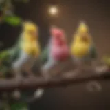 Colorful cockatiels perched on a branch