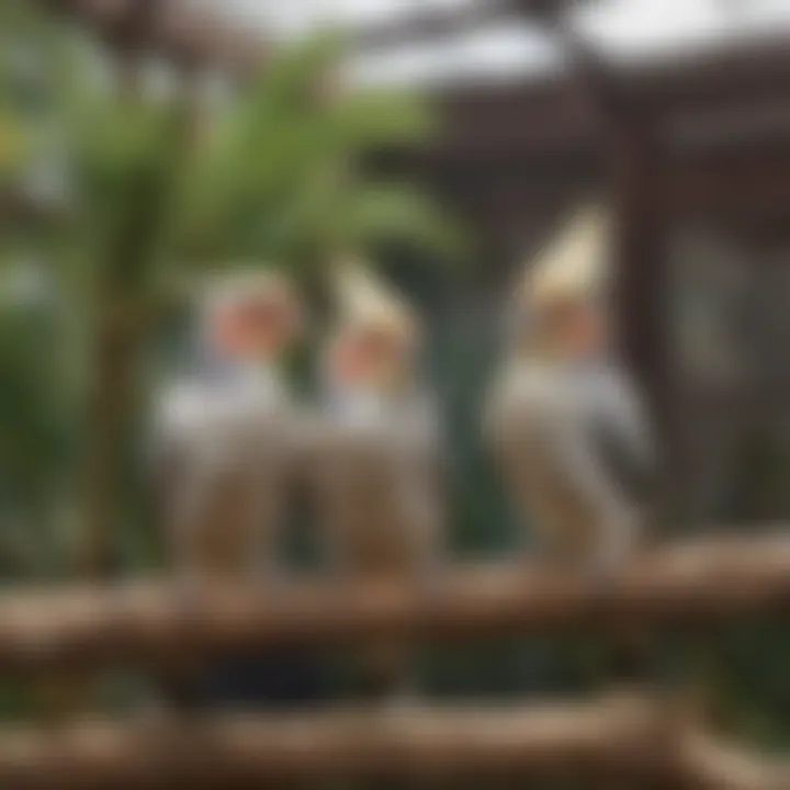 Cockatiels interacting with natural perches in a spacious aviary