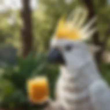 A cockatoo enjoying a healthy treat in a natural setting