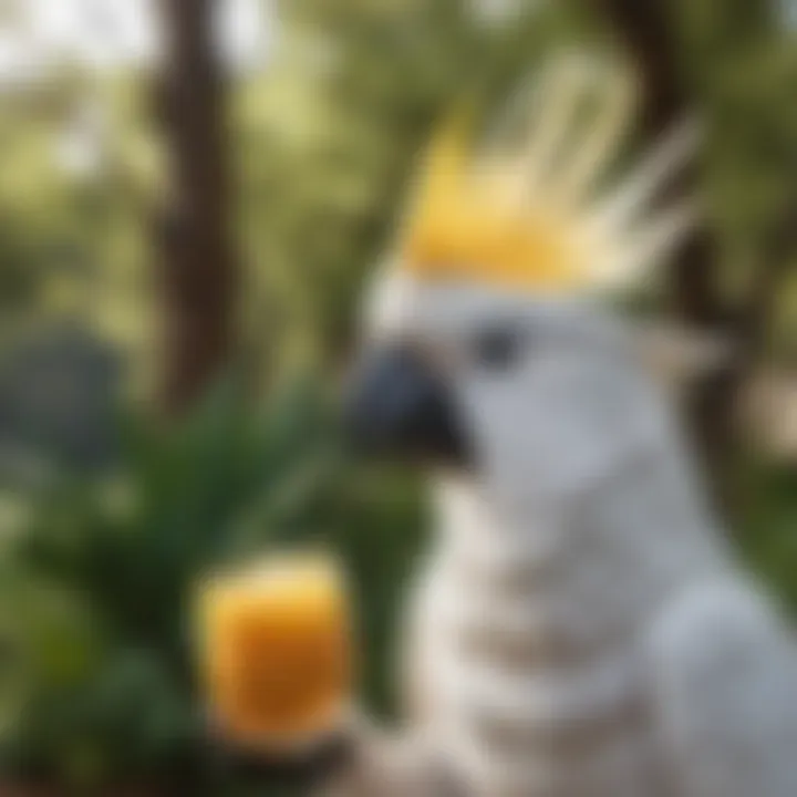 A cockatoo enjoying a healthy treat in a natural setting