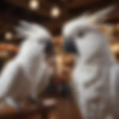 A pet owner interacting with a cockatoo