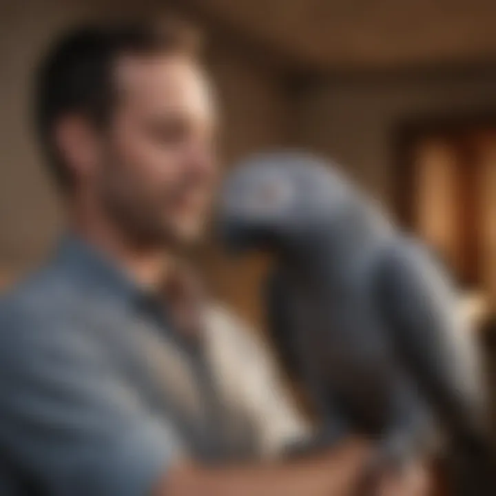 An African Grey parrot interacting with its owner