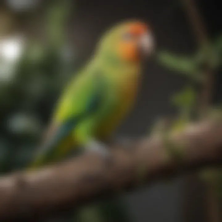 A vibrant parakeet perched on a branch