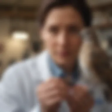 A veterinarian examining a bird with care