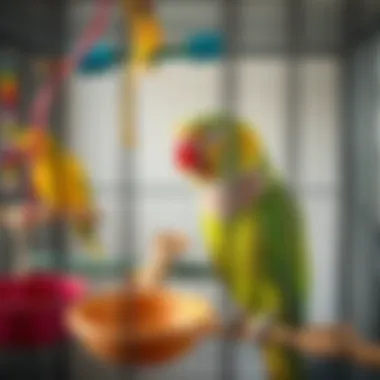 Close-up of essential accessories for parrot cages including perches, toys, and food dishes.