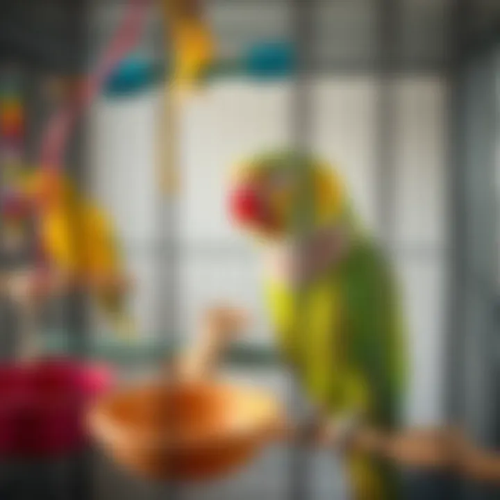 Close-up of essential accessories for parrot cages including perches, toys, and food dishes.