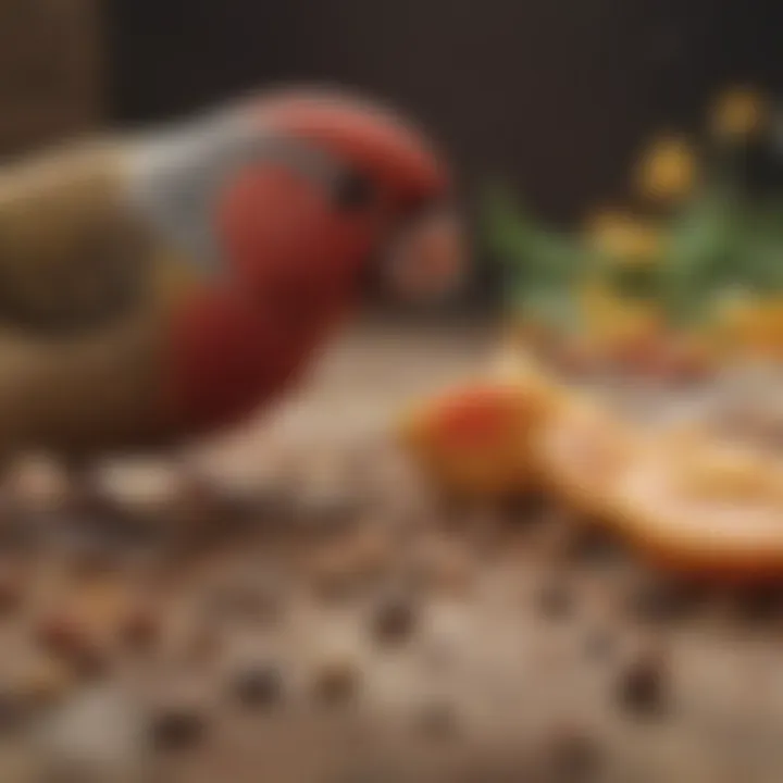 A close-up of nutritious seeds and fresh fruits specifically chosen for finches.