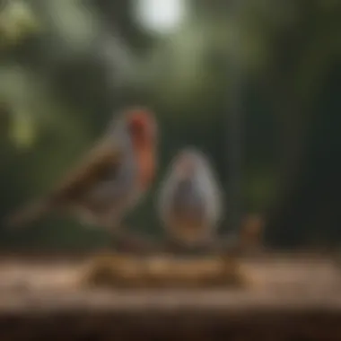 A finch engaging in playful behavior with a mirror and swings in its habitat.