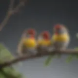 A vibrant array of finches perched on a branch, displaying various colors and patterns.