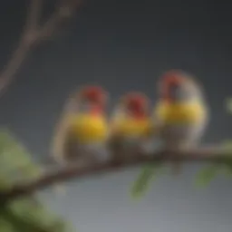 A vibrant array of finches perched on a branch, displaying various colors and patterns.