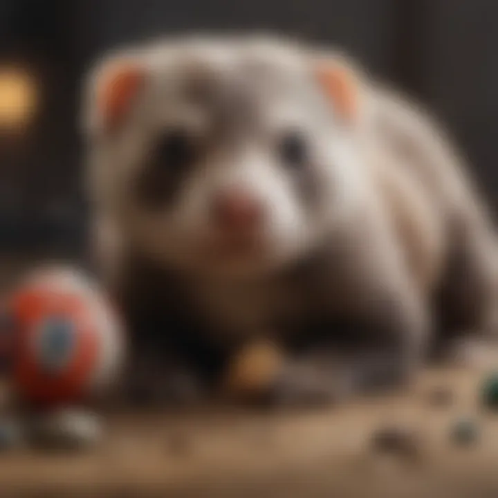 A ferret engaging in playful behavior with toys