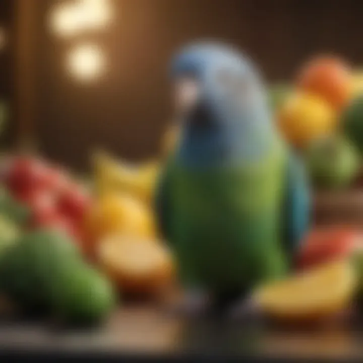 A colorful array of bird-safe fruits and vegetables for parakeet nutrition