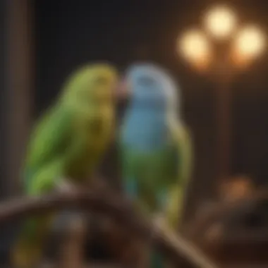 Two parakeets interacting and bonding on a perch