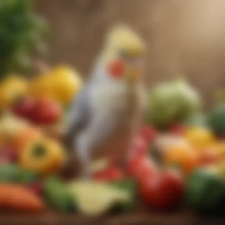 Healthy cockatiel enjoying a variety of fresh fruits and vegetables