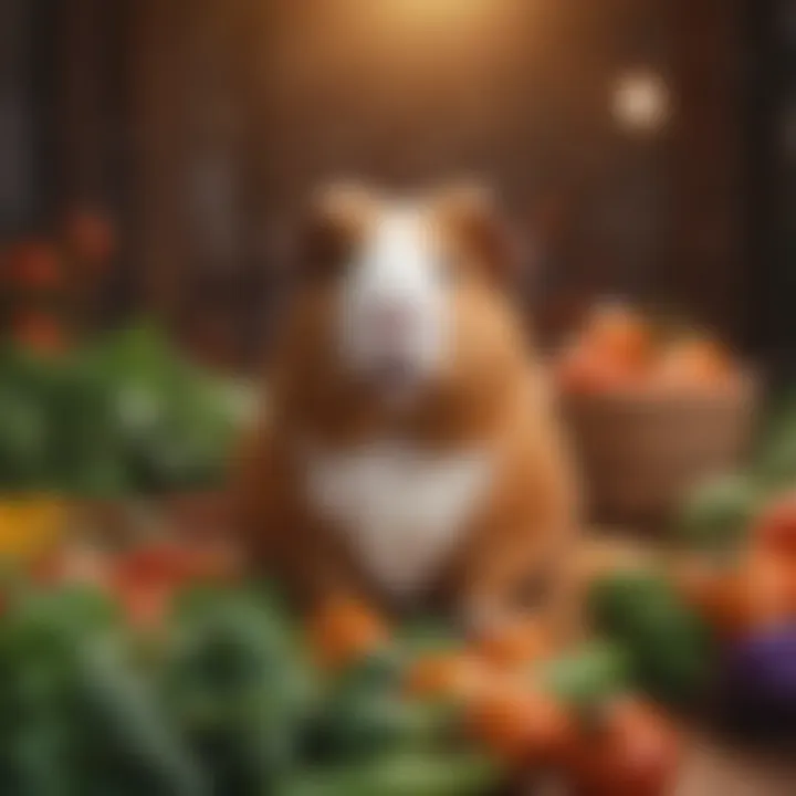 A guinea pig enjoying fresh vegetables in a colorful enclosure