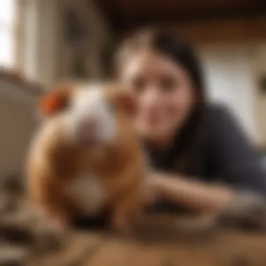 A pet owner bonding with a guinea pig in a serene setting