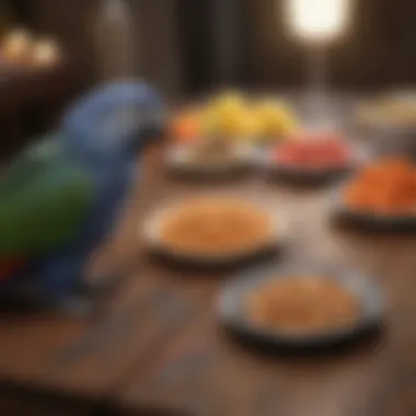 A range of parrot food options displayed on a table for optimal nutrition