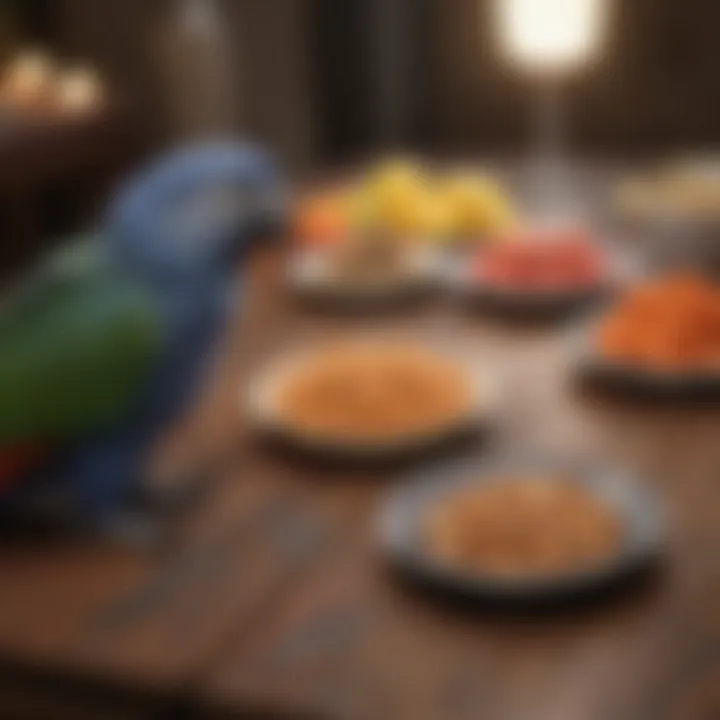 A range of parrot food options displayed on a table for optimal nutrition