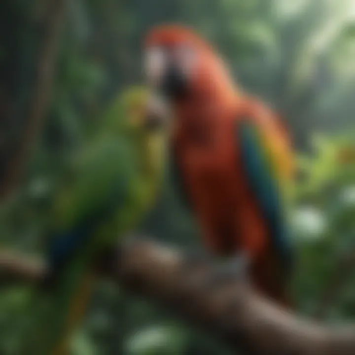 A variety of parrot species represented in a lush environment