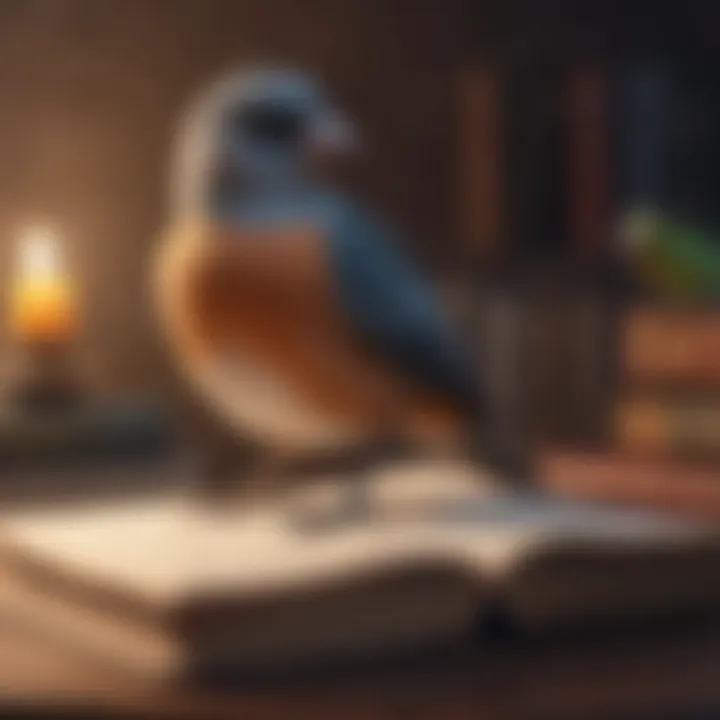 A serene setting with a pet bird perched on a book