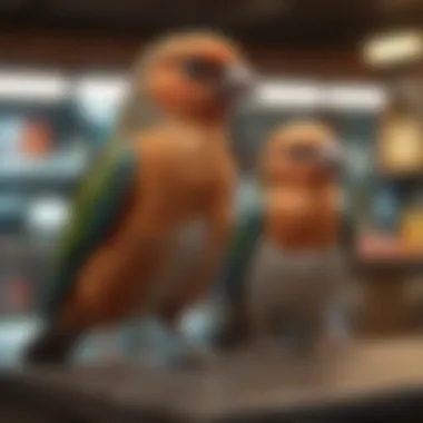 Various bird species in a pet shop