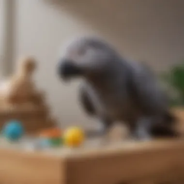 An African Grey parrot engaging with a puzzle toy, highlighting its intelligence and playful nature.