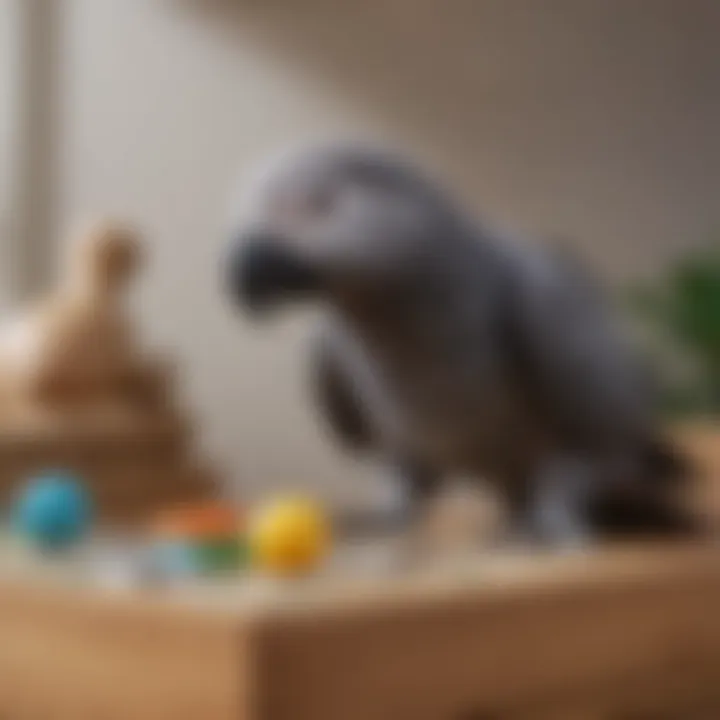 An African Grey parrot engaging with a puzzle toy, highlighting its intelligence and playful nature.