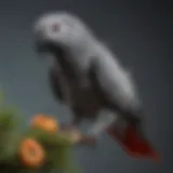 A vibrant African Grey parrot perched on a branch, showcasing its stunning plumage.