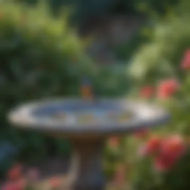 Bird bath surrounded by colorful flowers