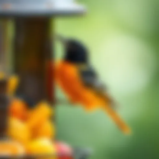 A vibrant oriole perched on a bird feeder filled with fruit