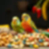 A colorful array of budgie food options including seeds, pellets, and fresh produce.