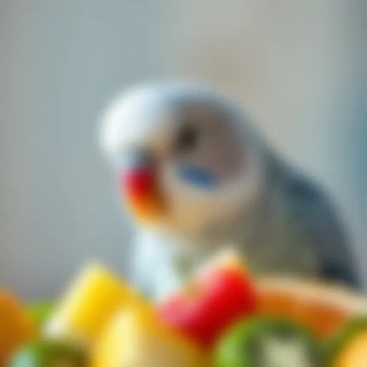 Close-up of a budgie enjoying fresh fruits and vegetables.