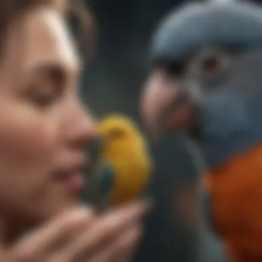 A close-up of a bird owner interacting with their pet, demonstrating social bonding.