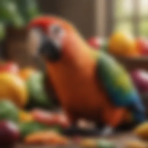 A vibrant assortment of fresh fruits and vegetables suitable for parrots