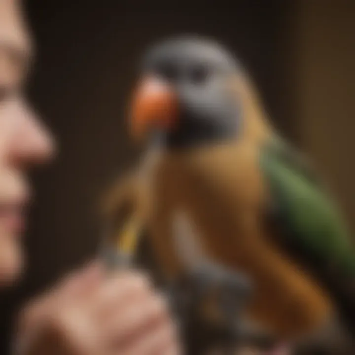 Bird owner demonstrating the proper technique for beak trimming