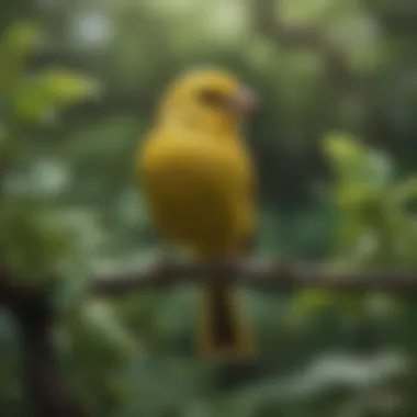 A delicate canary singing in a lush green environment