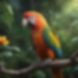 A vibrant parrot perched on a colorful branch