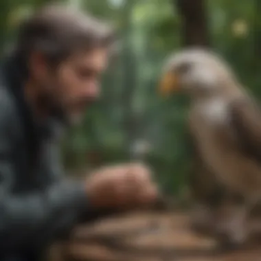 A serene setting showing a bird owner interacting with their feathered companion during feeding time