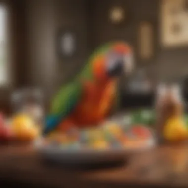 A parrot enthusiastically enjoying a bowl filled with colorful birdtricks food