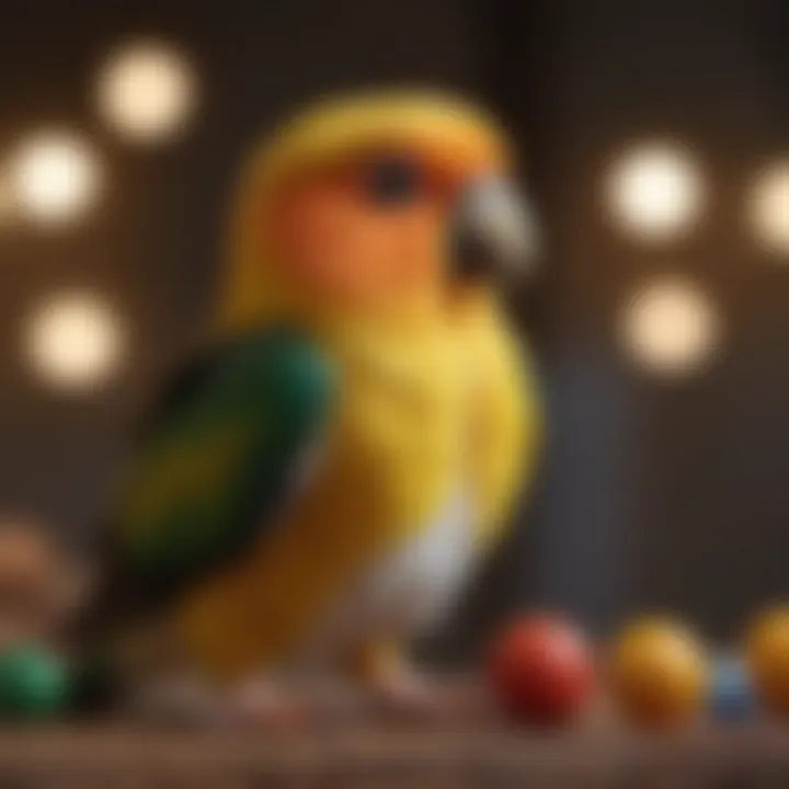 A caique exploring a colorful assortment of toys in its cage